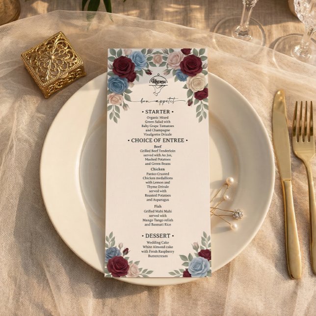 Elegant Burgundy Roses Wedding Menu Meny (Skapare uppladdad)