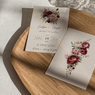 Elegant Burgundy Rustic Blommigt Watercolor Bröllo Inbjudningar