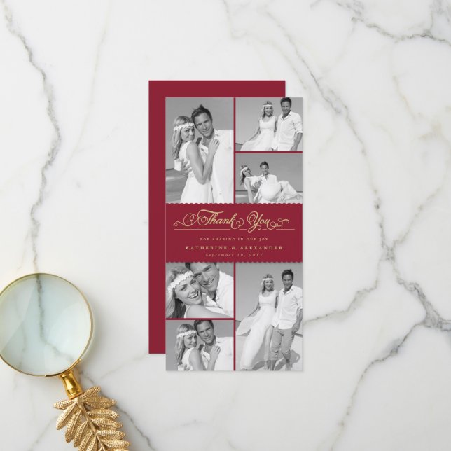 Elegant Burgundy Scallop Band 6 Photo Chic Bröllop Tack Kort (Fram/Back In Situ)