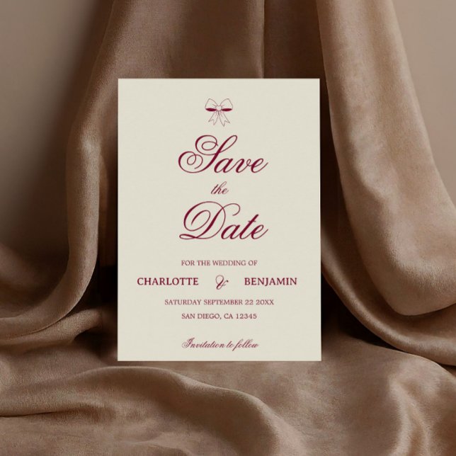 Elegant Burgundy Script Cream Elfenbensvit Båge Br Spara Datumet (Skapare uppladdad)