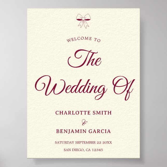 Elegant Burgundy Script Cream Ivory Bow Wedding Poster (Framsidan)