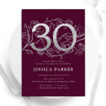 Elegant Burgundy Silver 30års födelsedag Inbjudningar<br><div class="desc">Elegantens burgundi silver 30års födelsedag-inbjudan. Anpassadets moderna femininindesign med ro botaniska accenter och faux glitter silver. Enkel perfekt för inbjudan-kort i blommigt för en snyggt kvinnlig dag firande. Anpassa med dina egna detaljer. Skrivna Zazzle-inbjudningar eller digital utskrivbar mall för omedelbar nedladdning.</div>