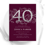 Elegant Burgundy Silver 40:e födelsedagen Inbjudningar<br><div class="desc">Elegant burgundy silver 40-årsfestinbjudan. Anpassningsbar modern feminin design med rosor botaniska accenter och faux glitter silver. Enkel perfekt för inbjudan-kort i blommigt för en snyggt kvinnlig dag firande. Anpassa med dina egna detaljer. Skrivna Zazzle-inbjudningar eller digital utskrivbar mall för omedelbar nedladdning.</div>