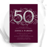 Elegant Burgundy Silver 50:e födelsedagen Inbjudningar<br><div class="desc">Elegant burgundy silver 50:e födelsedagsfest inbjudan. Anpassadets moderna femininindesign med ro botaniska accenter och faux glitter silver. Enkel perfekt för inbjudan-kort i blommigt för en snyggt kvinnlig dag firande. Anpassa med dina egna detaljer. Skrivna Zazzle-inbjudningar eller digital utskrivbar mall för omedelbar nedladdning.</div>