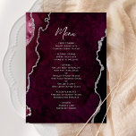 Elegant Burgundy Silver Agate Wedding Menu Meny<br><div class="desc">This elegant modern wedding menu features a burgundy red watercolor agate background trimmed with faux silver glitter. The customizable text combines silver gray handwriting script and copperplate fonts. The reverse side features a matching burgundy and silver agate design.</div>