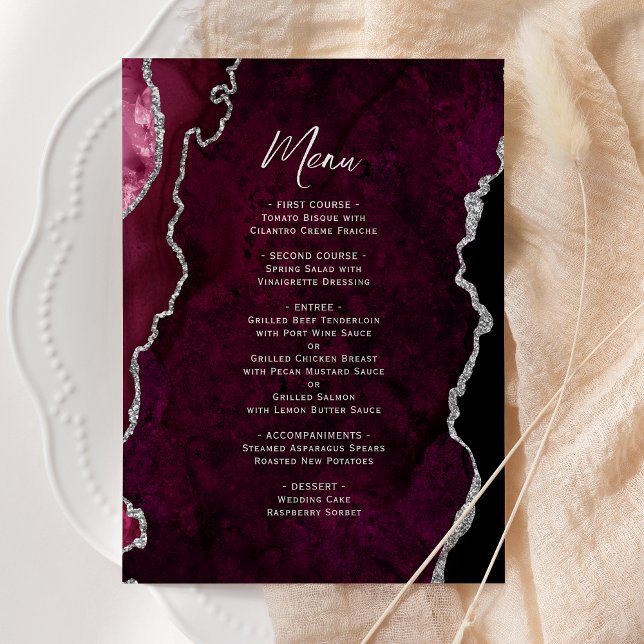 Elegant Burgundy Silver Agate Wedding Menu Meny (Skapare uppladdad)