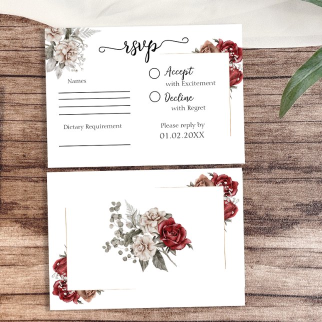 Elegant Burgundy & Silver Blommigt Bröllop OSA Kort (Elegant Burgundy & Silver Floral Wedding RSVP Card)