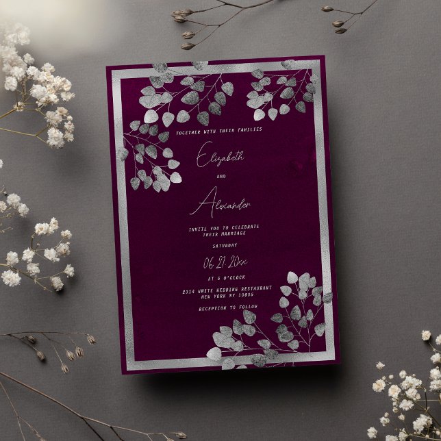 Elegant burgundy silver eucalyptus löv bröllop inbjudningar (Elegant burgundy silver eucalyptus leaf wedding)