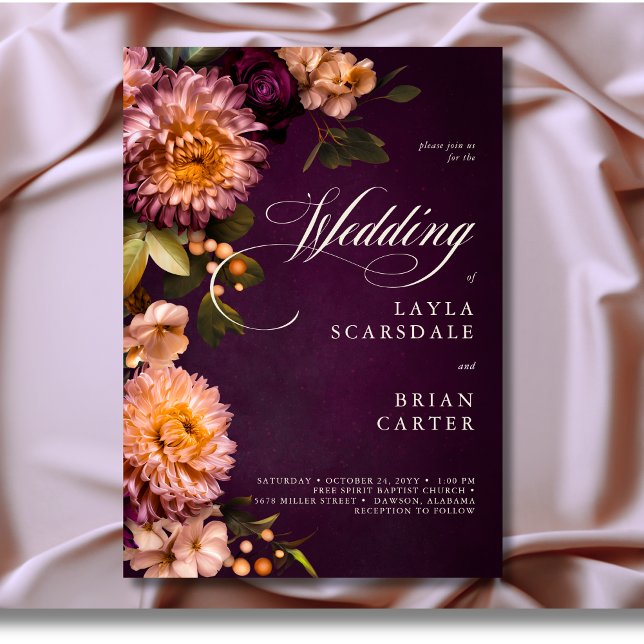 Elegant Burgundy-skript för Moody Blommigt Bröllop Inbjudningar (Elegant Burgundy Moody Floral Script Wedding Invitation)