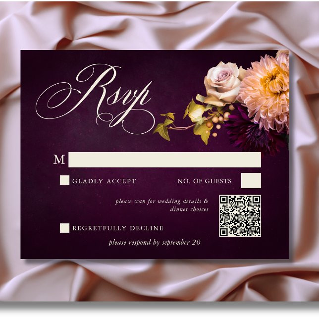Elegant Burgundy-skript för Moody Blommigt Bröllop OSA Kort (Elegant Burgundy Moody Floral Script Wedding Response Card with QR Code)