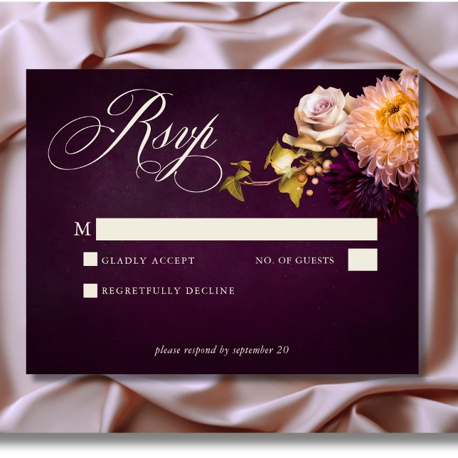 Elegant Burgundy-skript för Moody Blommigt Bröllop OSA Kort (Elegant Burgundy Moody Floral Script Wedding Response Card)