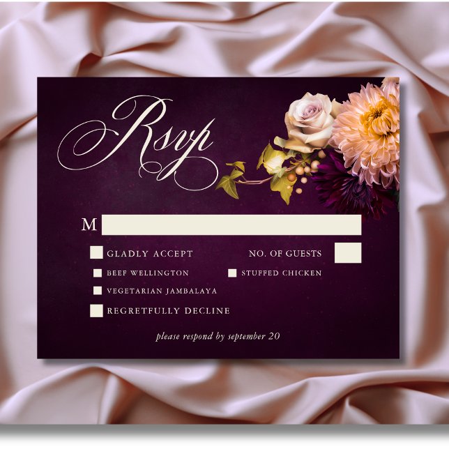 Elegant Burgundy-skript för Moody Blommigt Bröllop OSA Kort (Elegant Burgundy Moody Floral Script Wedding Response Card with Dinner Choices)