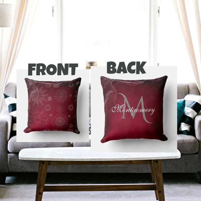 Elegant Burgundy Snowflake Monogram Dekorativ kudd Kudde (Skapare uppladdad)