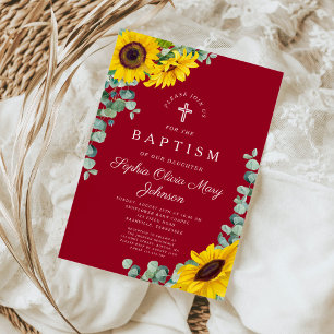 Elegant Burgundy Solros Kor Baptism Inbjudningar