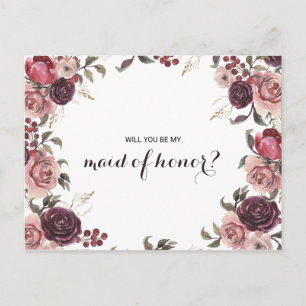 Elegant Burgundy Sommar Blommigt Maid of honor Inbjudan Vykort