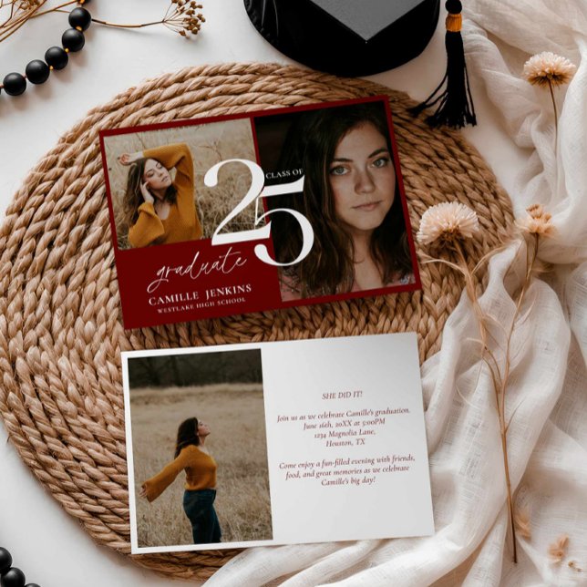 Elegant Burgundy Studenten klass 2025 Party Inbjudningar (Burgundy Graduation Photo Card)