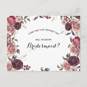 Elegant Burgundy Summer Blommigt Bridesmaid Inbjudan Vykort