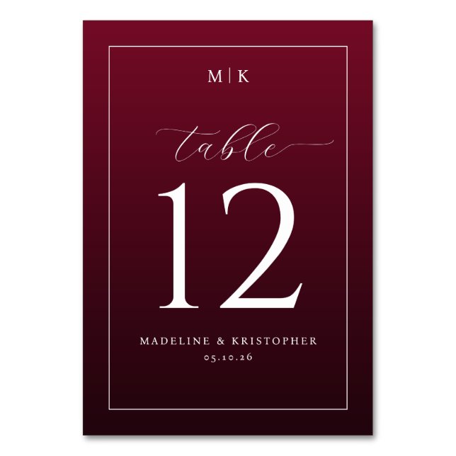 Elegant Burgundy Table Number Bordsnummer (Framsidan)