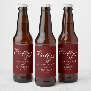 Elegant Burgundy Typography Evening Bröllop Ölflaska Etikett