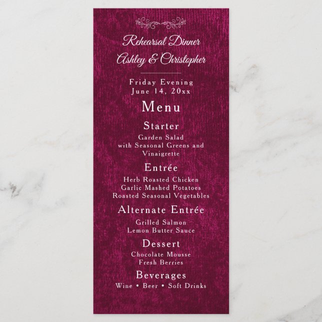 Elegant Burgundy Velvet White Rehearsal Dinner Meny (Framsida)