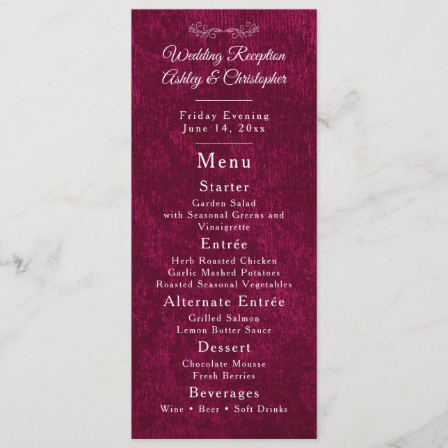 Elegant Burgundy Velvet White Wedding Reception  Meny (Framsida)