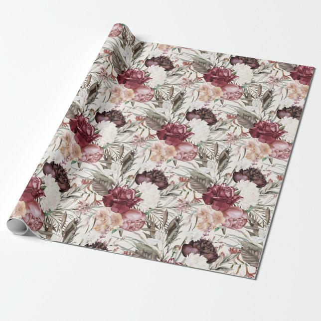 Elegant Burgundy Vin Kräm Blomgrönska  Presentpapper (Utrullad)
