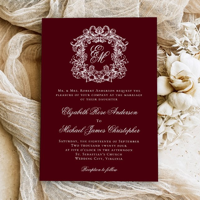 Elegant Burgundy Vintage Crest Monogram Wedding Inbjudningar (Skapare uppladdad)