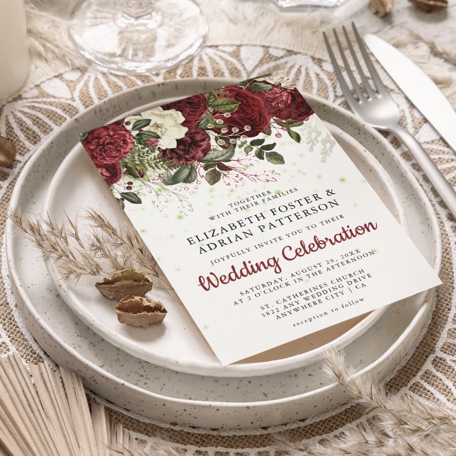 Elegant Burgundy & Vit Blommig Bröllopsinbjudan  Inbjudningar (Skapare uppladdad)