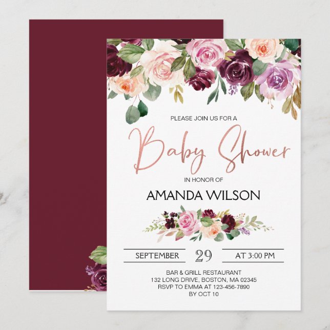 Elegant Burgundy Watercolor Blommigt Baby Shower Inbjudningar (Fram/baksida)