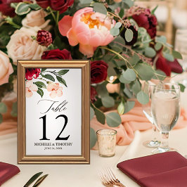 Elegant Burgundy Watercolor Blommigt Bröllop Bordsnummer