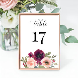 Elegant Burgundy Watercolor Blommigt Bröllop Bordsnummer