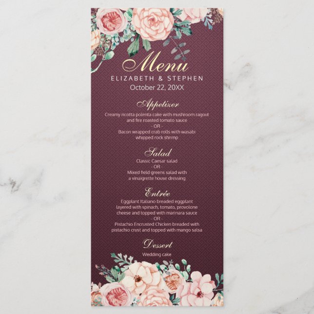 Elegant Burgundy Watercolor Blommigt Bröllop Menu Meny (Framsida)