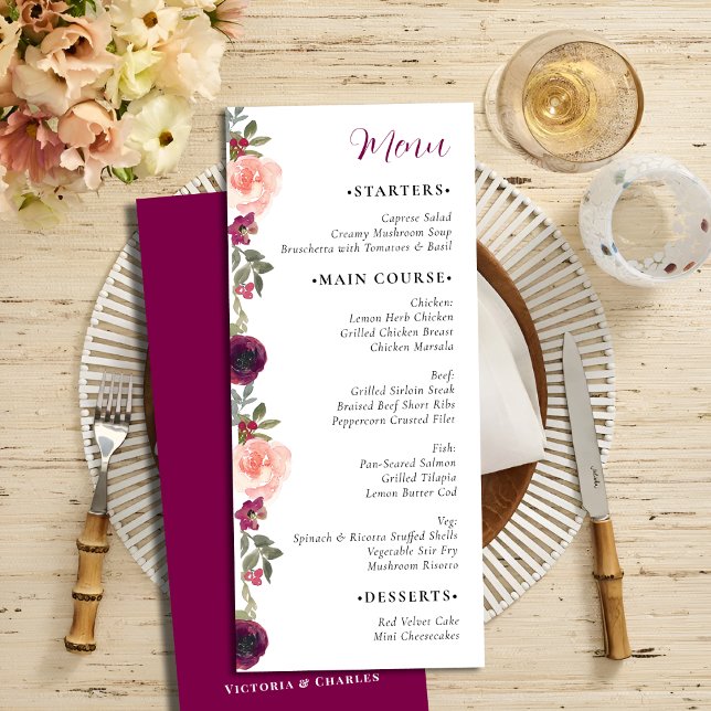 Elegant Burgundy Watercolor Blommigt Bröllop Meny (Skapare uppladdad)