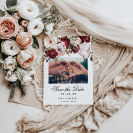 Elegant Burgundy &  Watercolor Blommigt Bröllop Spara Datumet