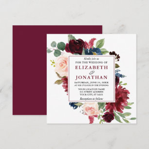 Elegant Burgundy Watercolor Blommigt Bröllop Sq Inbjudningar