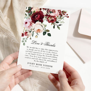 Elegant Burgundy & Watercolor Blommigt Funeral Tack Kort