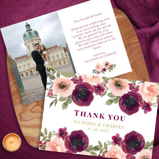 Elegant Burgundy Watercolor Blommigt Photo Bröllop Tack Kort