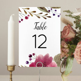 Elegant Burgundy Watercolor Flowers Bröllop Bordsnummer