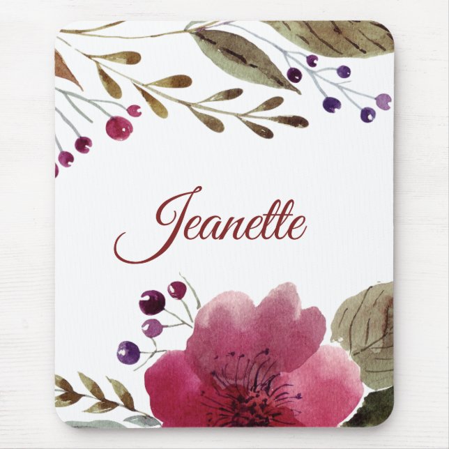 Elegant Burgundy Watercolor Flowers Monogrammed Musmatta (Framsidan)
