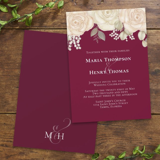Elegant Burgundy Watercolor Ivory Blommigt Foliage Inbjudningar (Skapare uppladdad)
