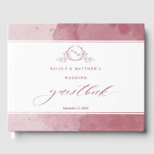 Elegant Burgundy Watercolor Monogram Bröllop Gästböcker