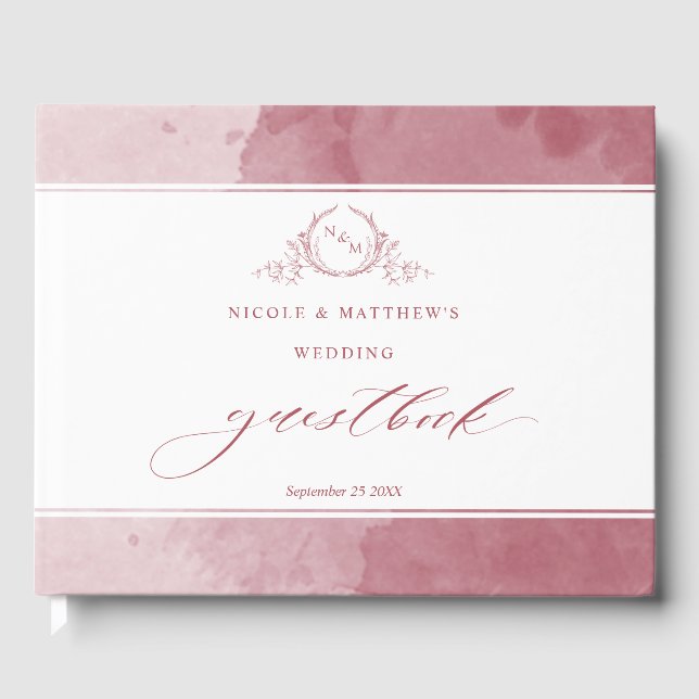 Elegant Burgundy Watercolor Monogram Bröllop Gästböcker (Framsida)