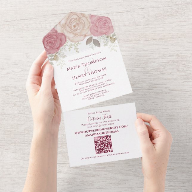 Elegant Burgundy Watercolor QR Code Guest Adress (Tearaway)