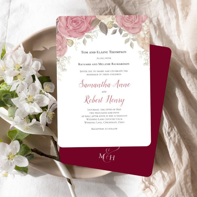 Elegant Burgundy Wedding Floral Custom Inbjudningar (Burgundy Floral Wedding Invitations.)