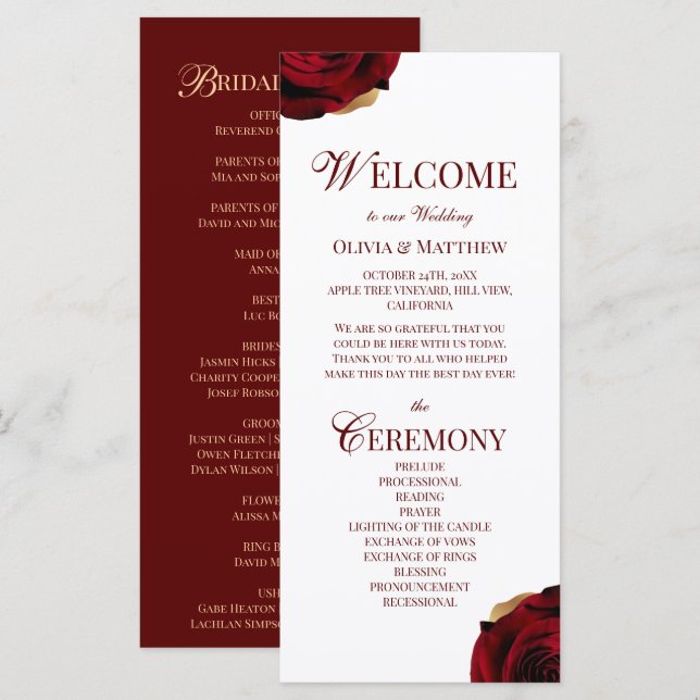 Elegant Burgundy Wedding Program (Fram/baksida)