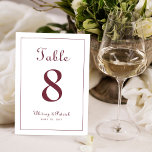 Elegant Burgundy Wedding Reception Bord Formal Bordsnummer<br><div class="desc">Händelseteckensymbolen party har en klassisk elegans med contemporary burgundi på en skarp vit bakgrund. Anpassa designen av bröllop bord med ditt namn, bröllop-datum och bordsnummer i trendig och skrift. Kortets baksida är en dubblett av framsidan. Följ vår lättförståeliga använda av modern mall för att enkelt anpassa och beställa en för...</div>