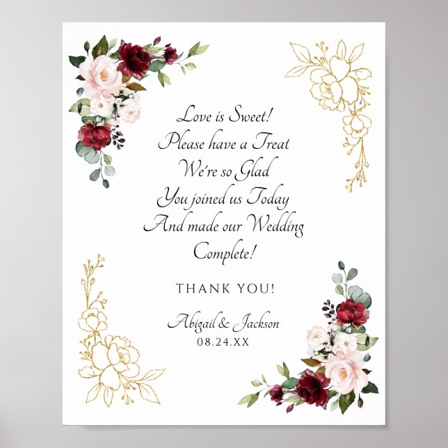 Elegant Burgundy Wedding Reception Treat Sign Poster (Framsidan)