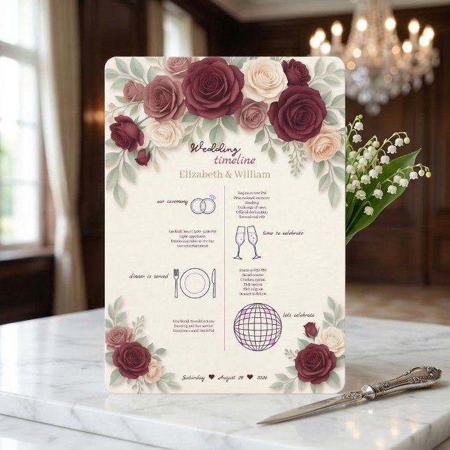 Elegant Burgundy Wedding Timeline Program (Skapare uppladdad)
