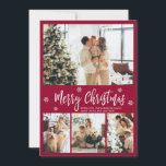 Elegant Burgundy White 4 Photo Collage jul Julkort<br><div class="desc">Elegant, Modern Burgundy och White 4 Photo Collage God jul Script Helgdag Card. Den här sjutna, visuella, minimalistiska, (4) fyra fotokortsmallar har en söt fotokollage, en snöflake och säger God jul! Texten "God jul" hälsning är skriven med ett vackert, vitt, färg-handskrivet typsnitt på bakgrunden av burgundi eller kantröd färg. På...</div>