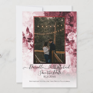 Elegant Burgundy White Blommigt Script Heart Photo Spara Datumet
